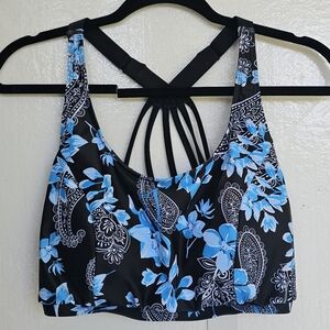 Womens 16W 2X Floral Strappy Blue White Black‎ Swim Top Holipick
